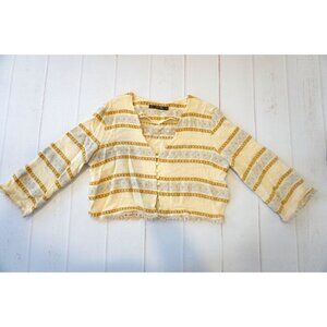 Zara Basic Collection Vintage-Inspired Boho Striped Blouse Fringe Trim - Size L